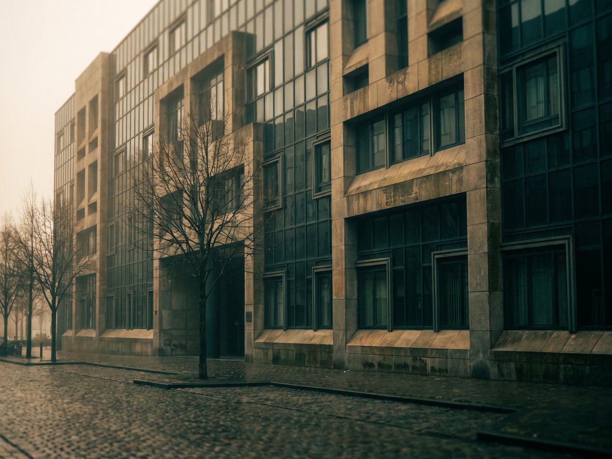 Editorial illustration of European institutional architecture in muted teal and gold tones